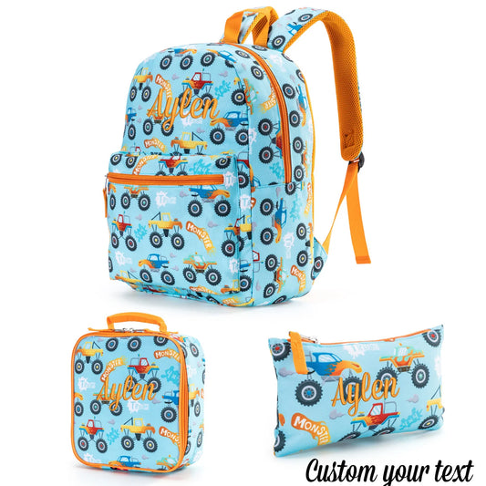 Custom Embroidered Monster Truck 3pcs Set: Cute Polyester Backpack, Lunch Box & Pencil Case - Perfect For Teens & Up The Trendiq Shop